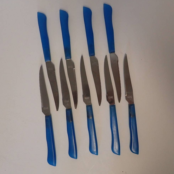 Vintage‎ Rostfrei Blue plastic Lucite maybe Handle  9 Steak Knives - Picture 1 of 9
